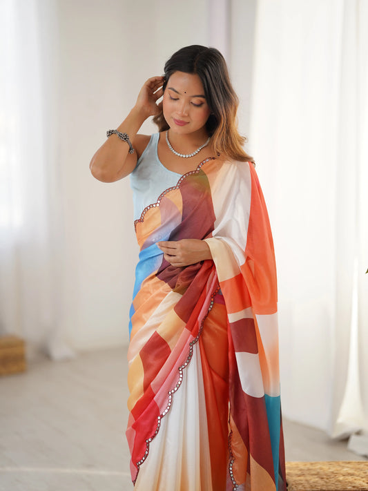 Sari en chinon bleu ciel multicolore avec finitions miroirs COLLECTION SONIYA