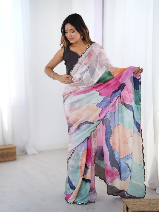 Sari en chinon violet prune multicolore avec finitions miroirs COLLECTION SONIYA