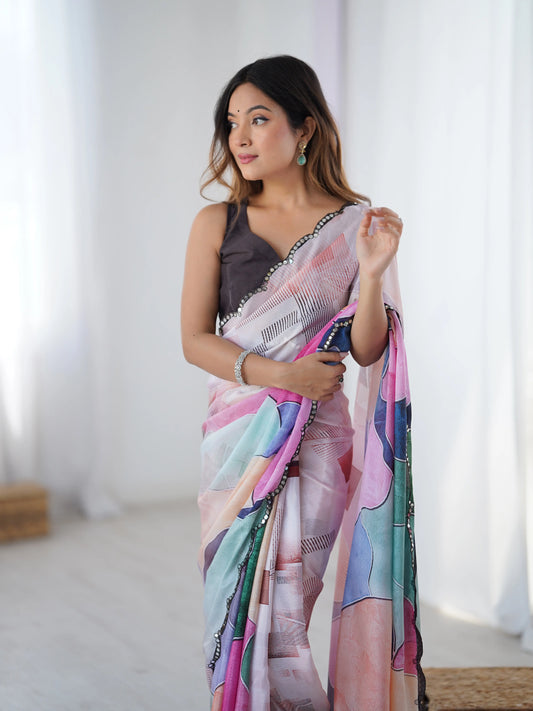 Sari en chinon violet prune multicolore avec finitions miroirs COLLECTION SONIYA