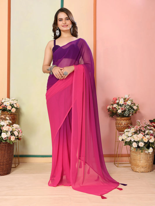 Sari prêt-à-porter violet rose en georgette légère COLLECTION JANHVI