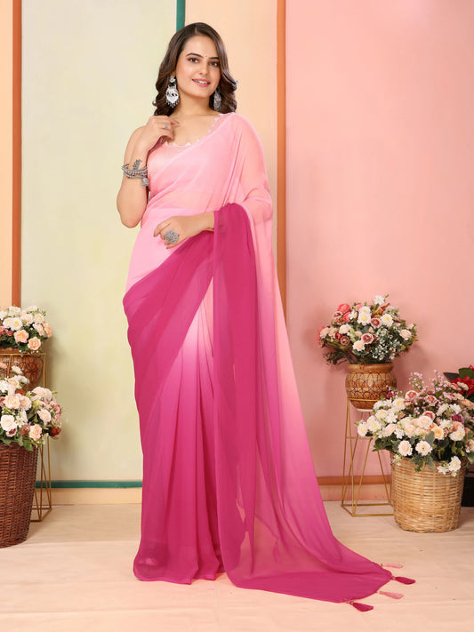 Sari prêt-à-porter rose bicolore en georgette légère COLLECTION JANHVI