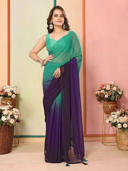 Sari prêt-à-porter vert et violet bicolore en georgette légère COLLECTION JANHVI