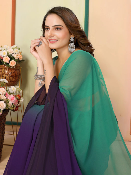 Sari prêt-à-porter vert et violet bicolore en georgette légère COLLECTION JANHVI