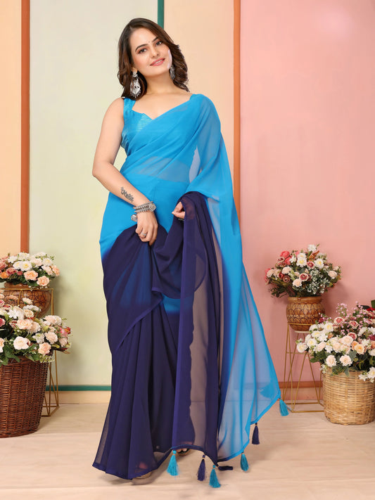 Sari prêt-à-porter bleu bicolore en georgette légère COLLECTION JANHVI