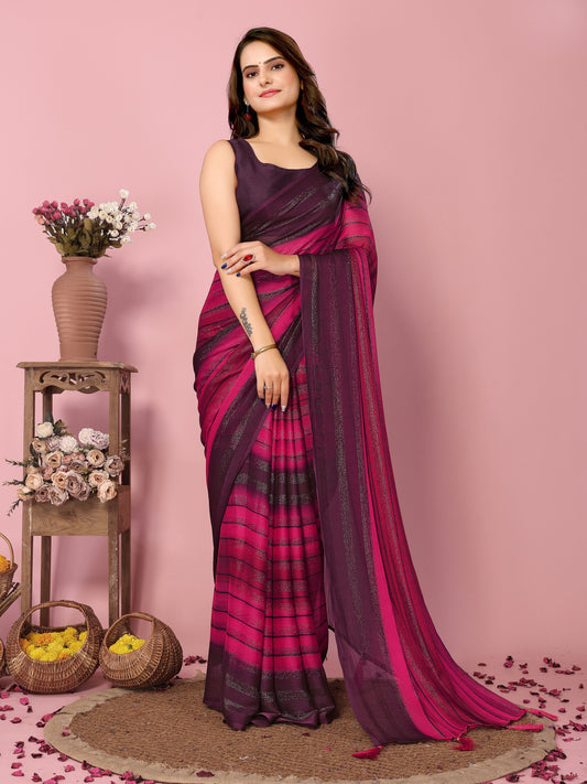 Sari prêt-à-porter violet et rose en arc-en-ciel en soie avec motifs brillants