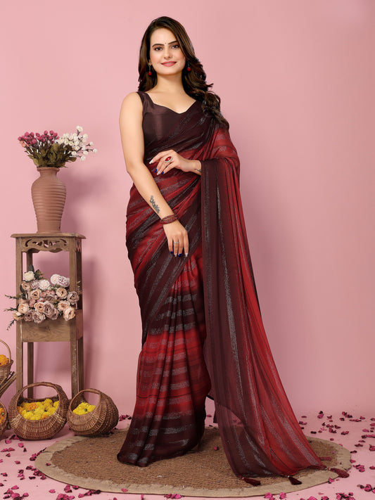 Sari prêt-à-porter rouge et noir en arc-en-ciel en soie avec motifs brillants