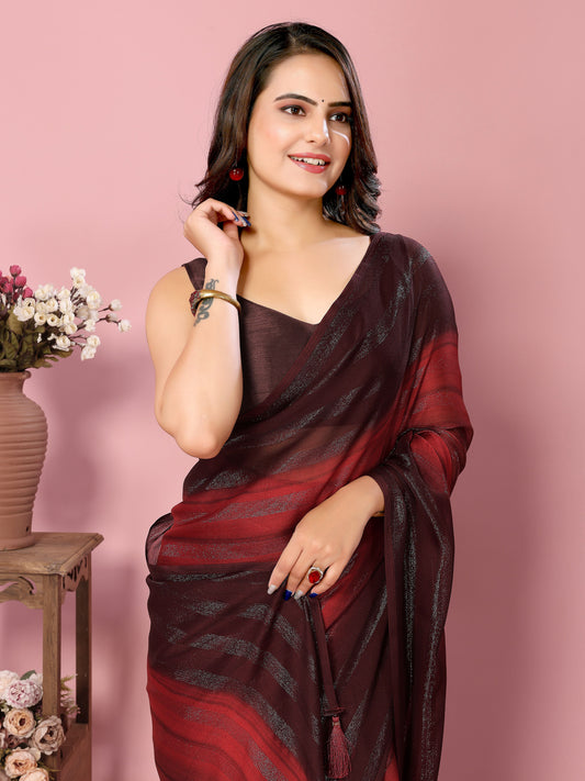 Sari prêt-à-porter rouge et noir en arc-en-ciel en soie avec motifs brillants