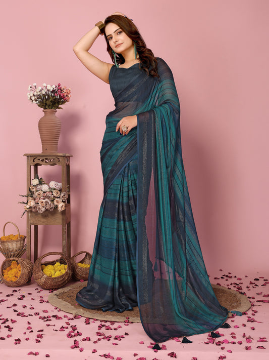 Sari prêt-à-porter bleu turquoise et foncé arc-en-ciel en soie avec motifs brillants