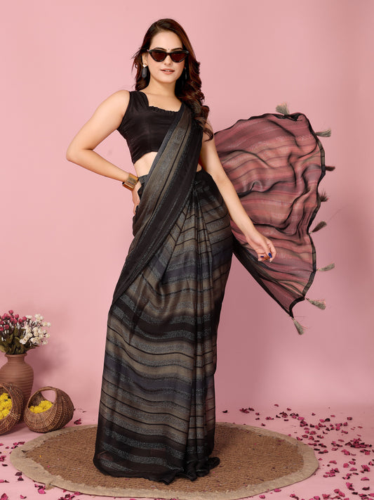 Sari prêt-à-porter noir et gris arc-en-ciel en soie avec motifs brillants