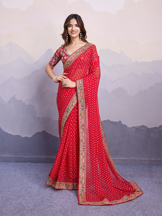 Sari rouge cerise imprimé traditionnel bandhani en georgette avec broderies COLLECTION PRIYA