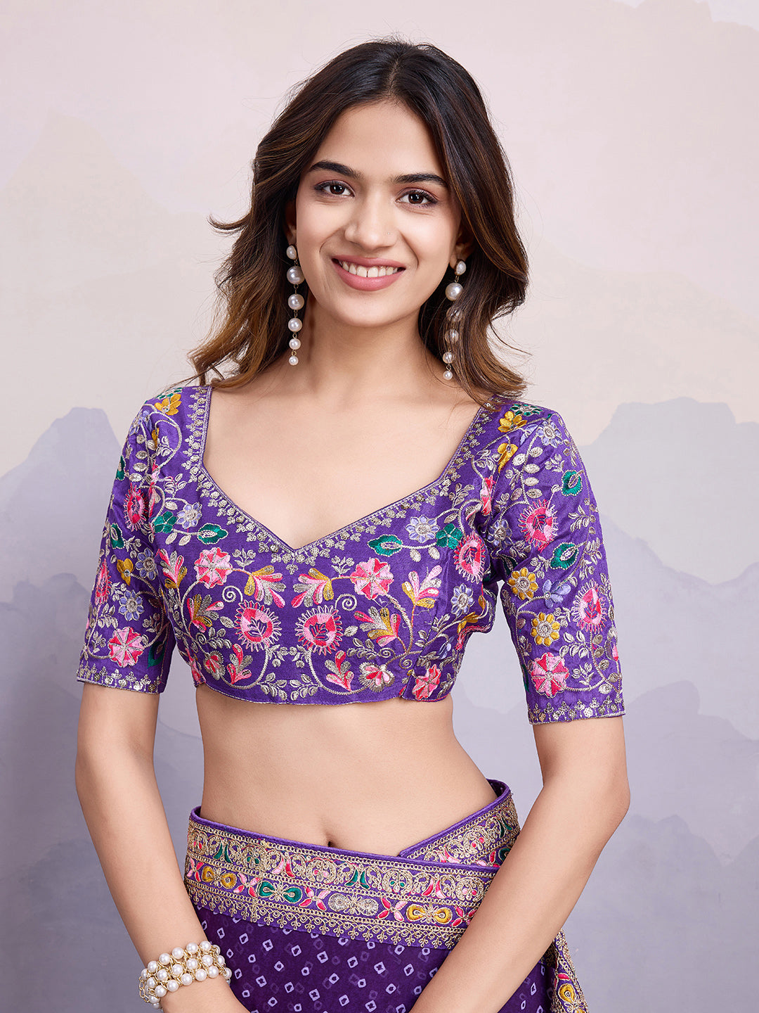 Green glass silk sari with multi-colored red floral blouse and digital print, sequin and thread embroidery