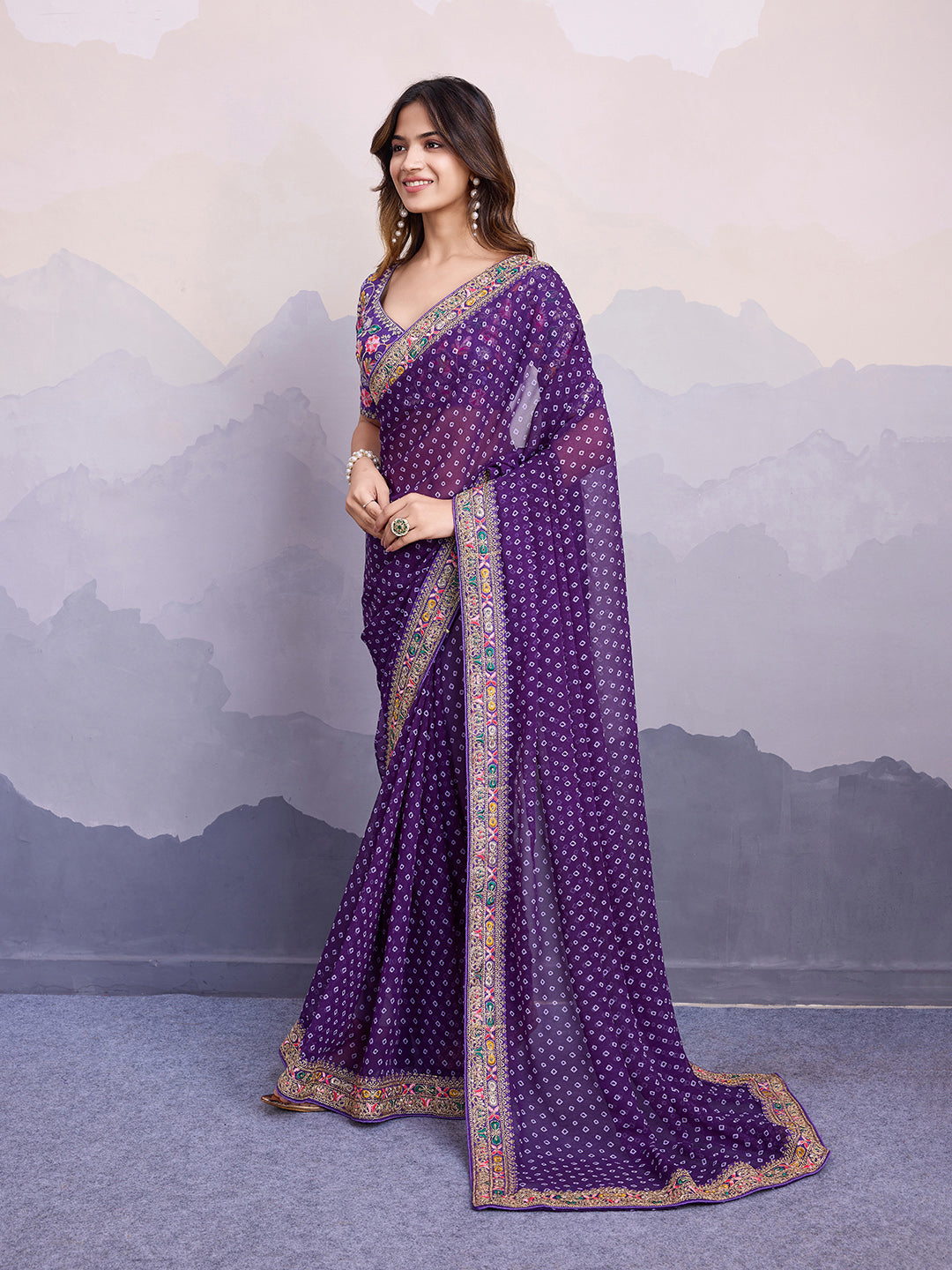 Green glass silk sari with multi-colored red floral blouse and digital print, sequin and thread embroidery