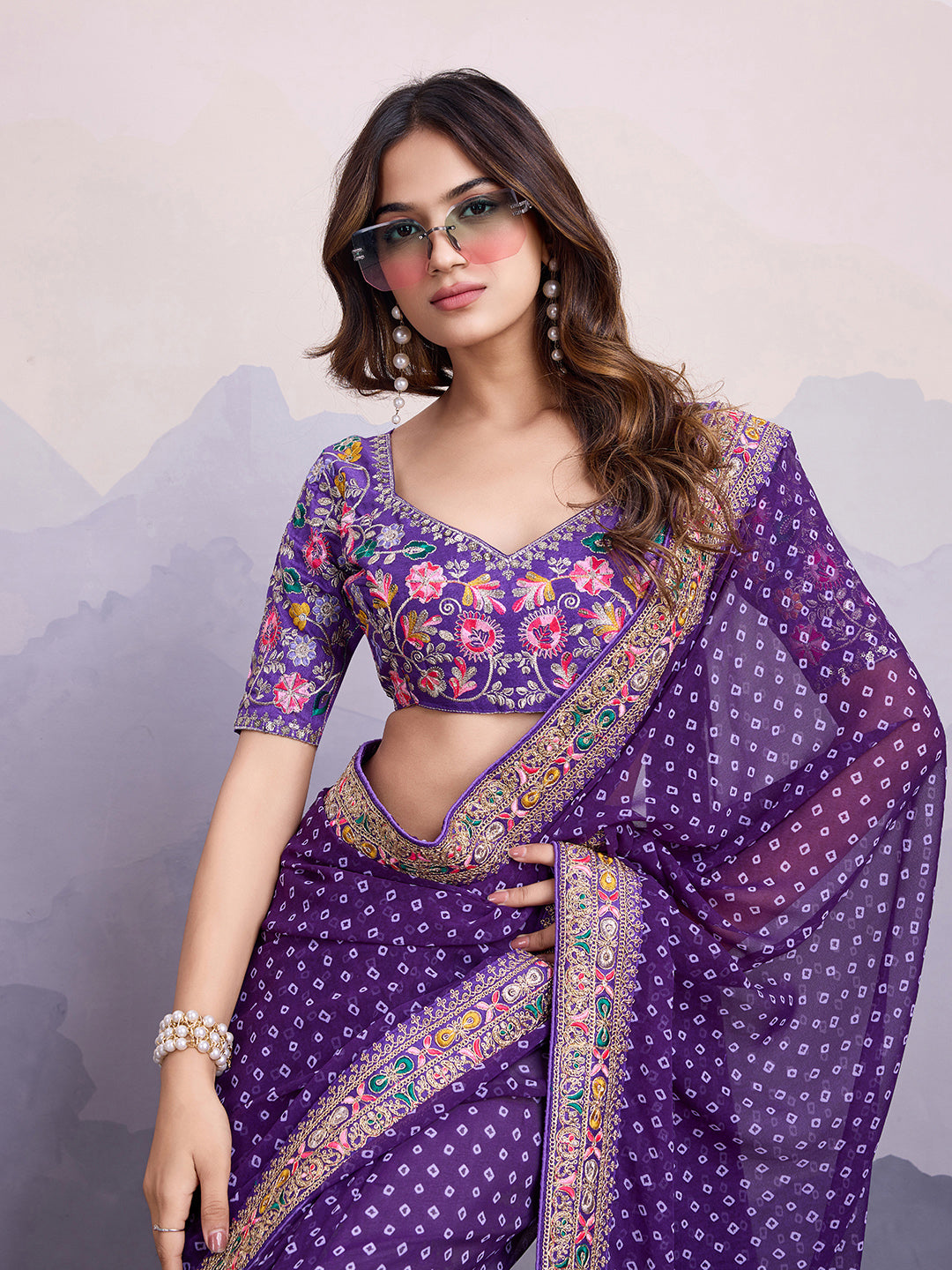 Green glass silk sari with multi-colored red floral blouse and digital print, sequin and thread embroidery
