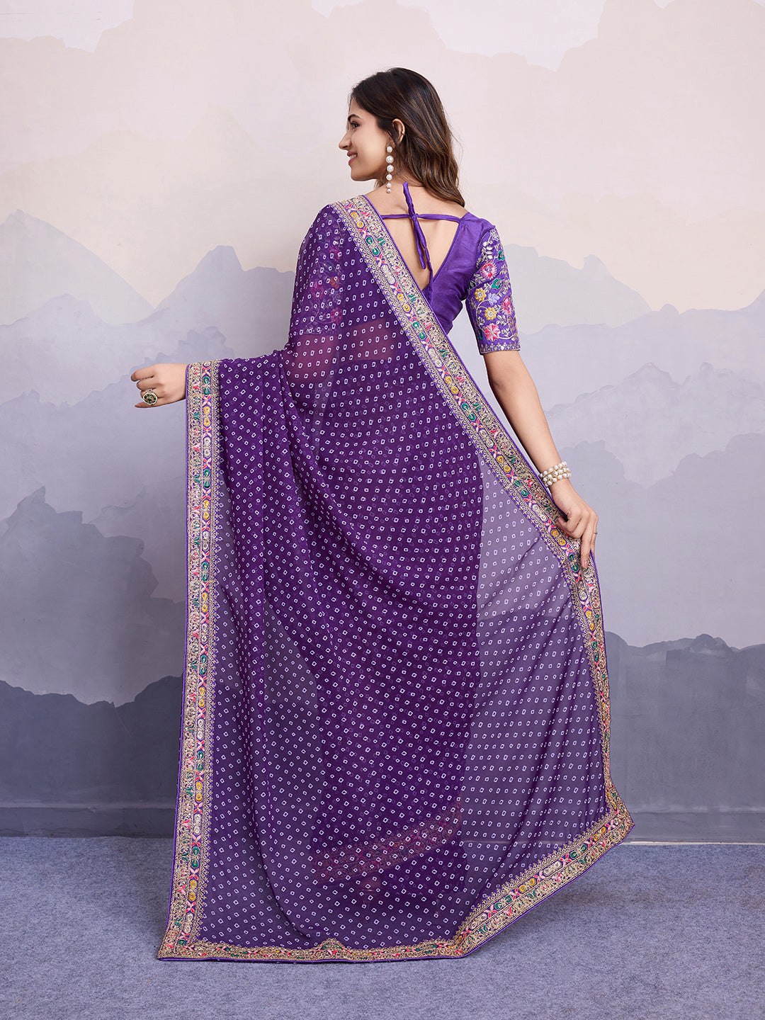 Green glass silk sari with multi-colored red floral blouse and digital print, sequin and thread embroidery