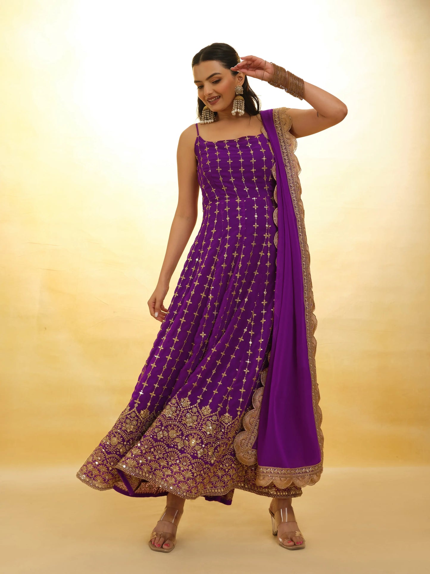 Purple georgette long dress with embroidery, accompanied by a traditional dupatta