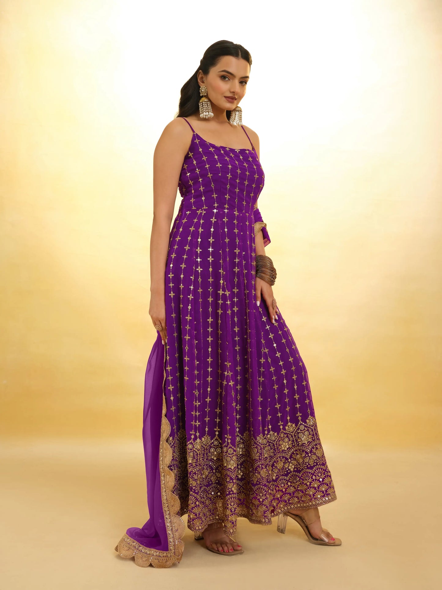 Purple georgette long dress with embroidery, accompanied by a traditional dupatta