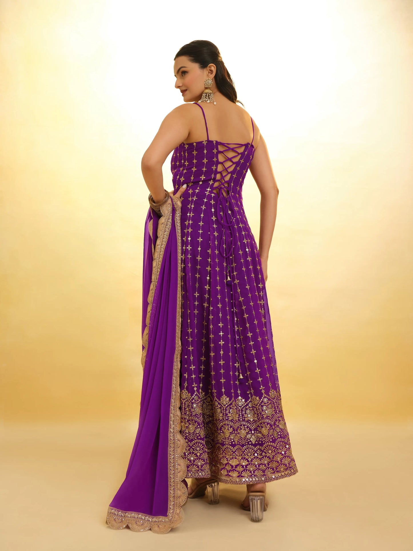 Purple georgette long dress with embroidery, accompanied by a traditional dupatta