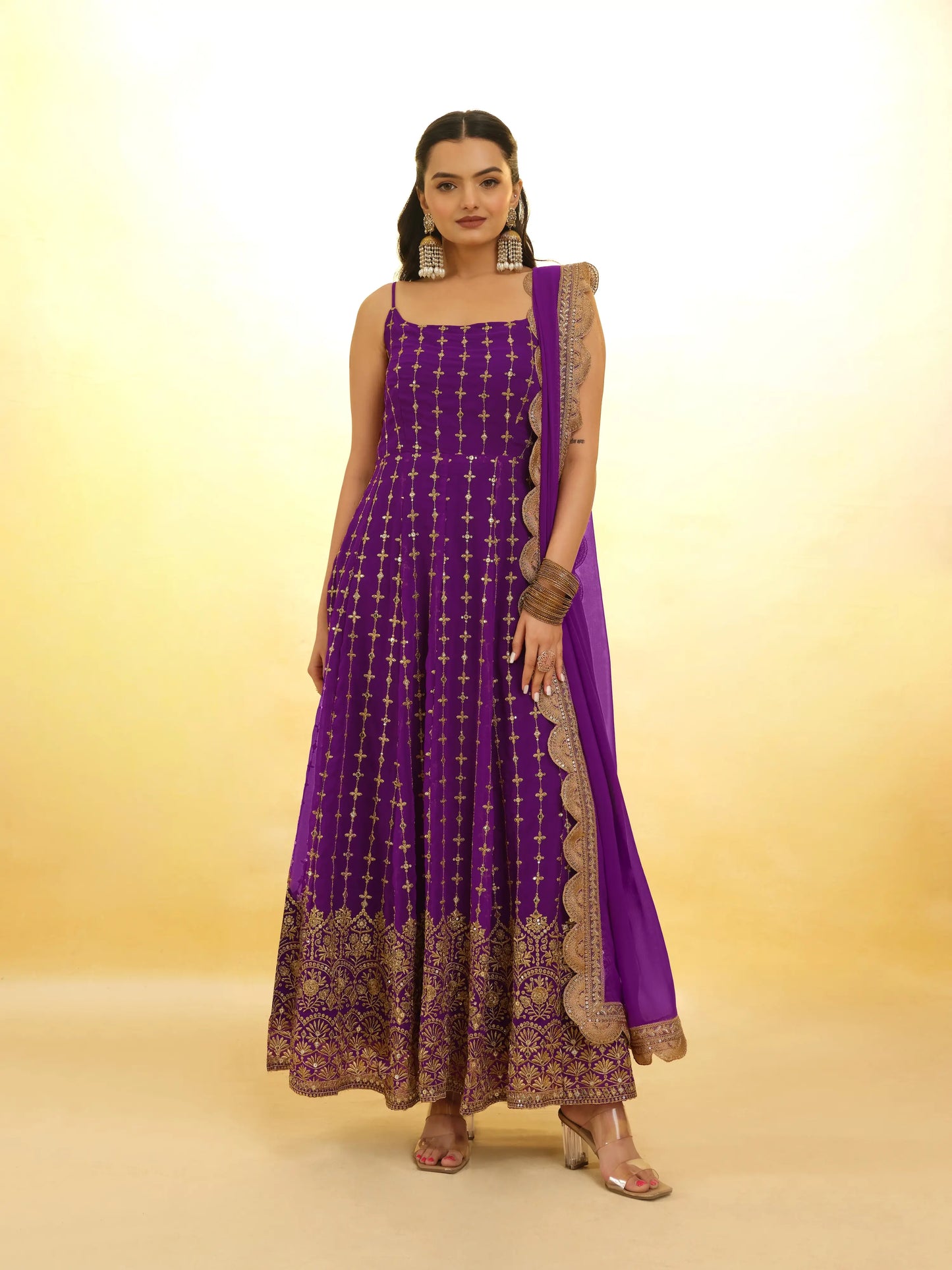 Purple georgette long dress with embroidery, accompanied by a traditional dupatta