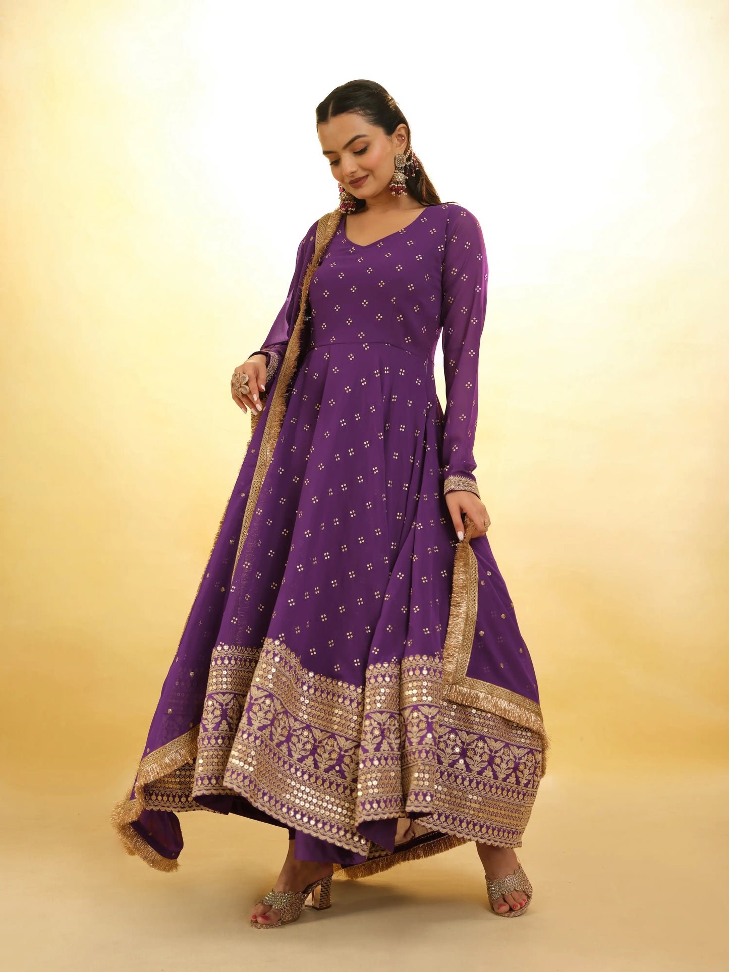 Purple georgette dress with embroidery and matching dupatta