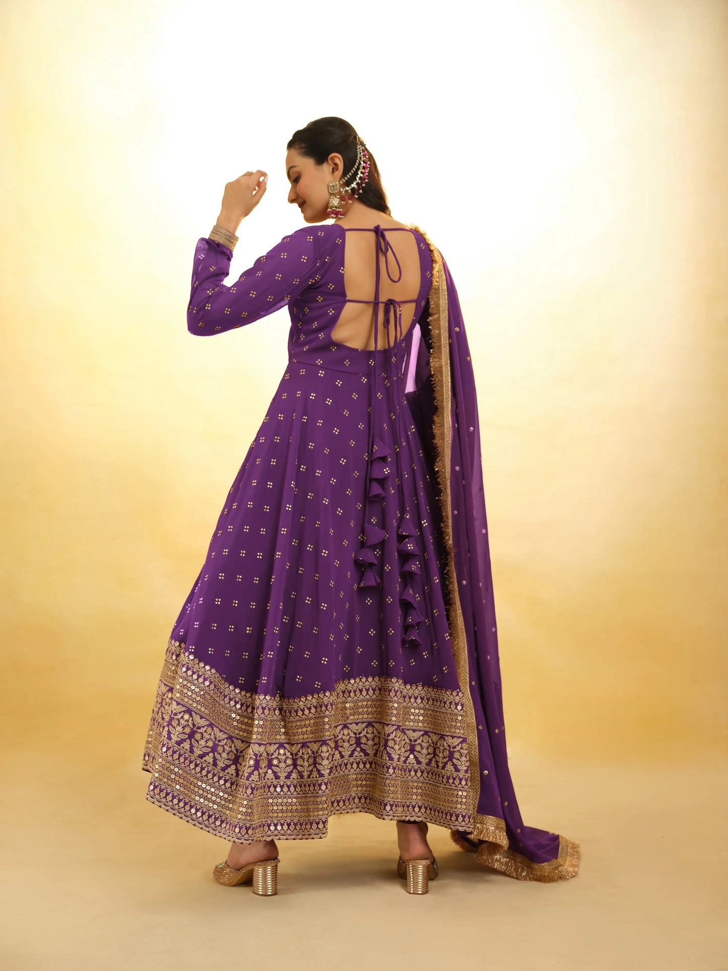 Purple georgette dress with embroidery and matching dupatta