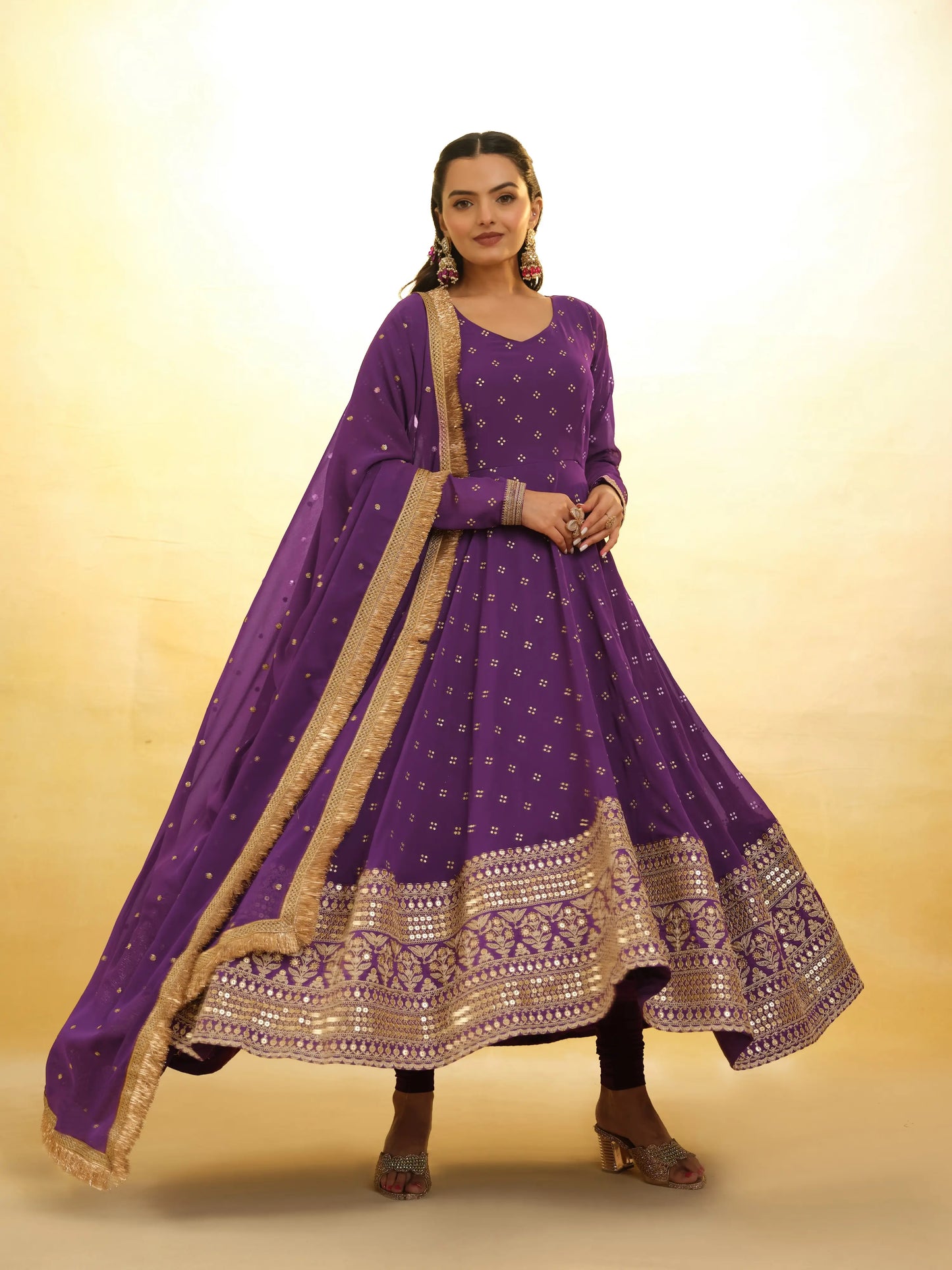 Purple georgette dress with embroidery and matching dupatta