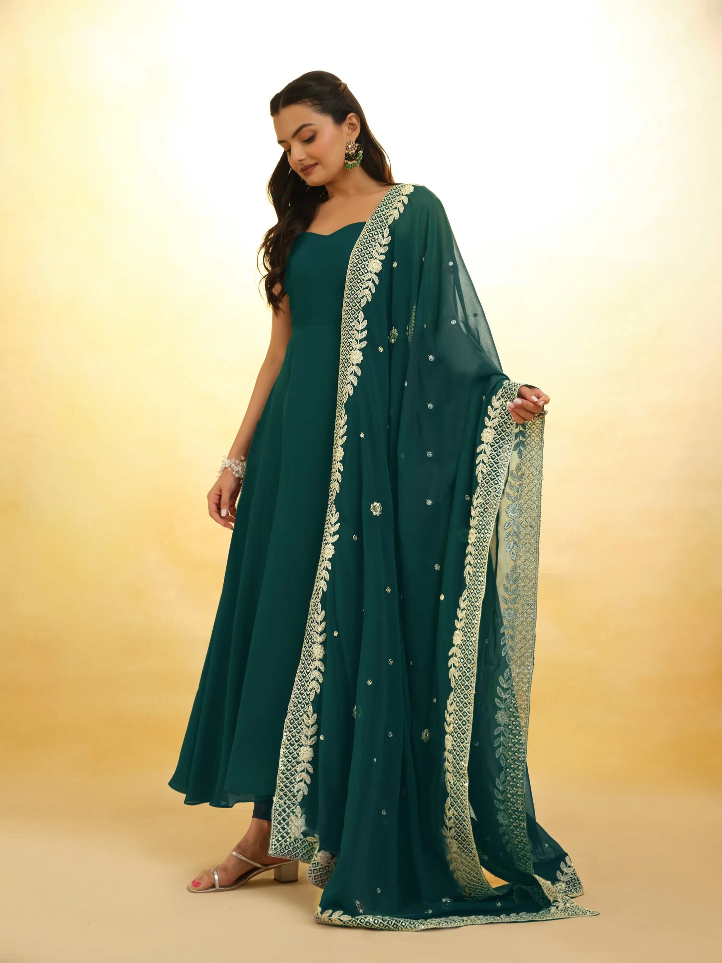 Green georgette maxi dress with embroidery and versatile dupatta
