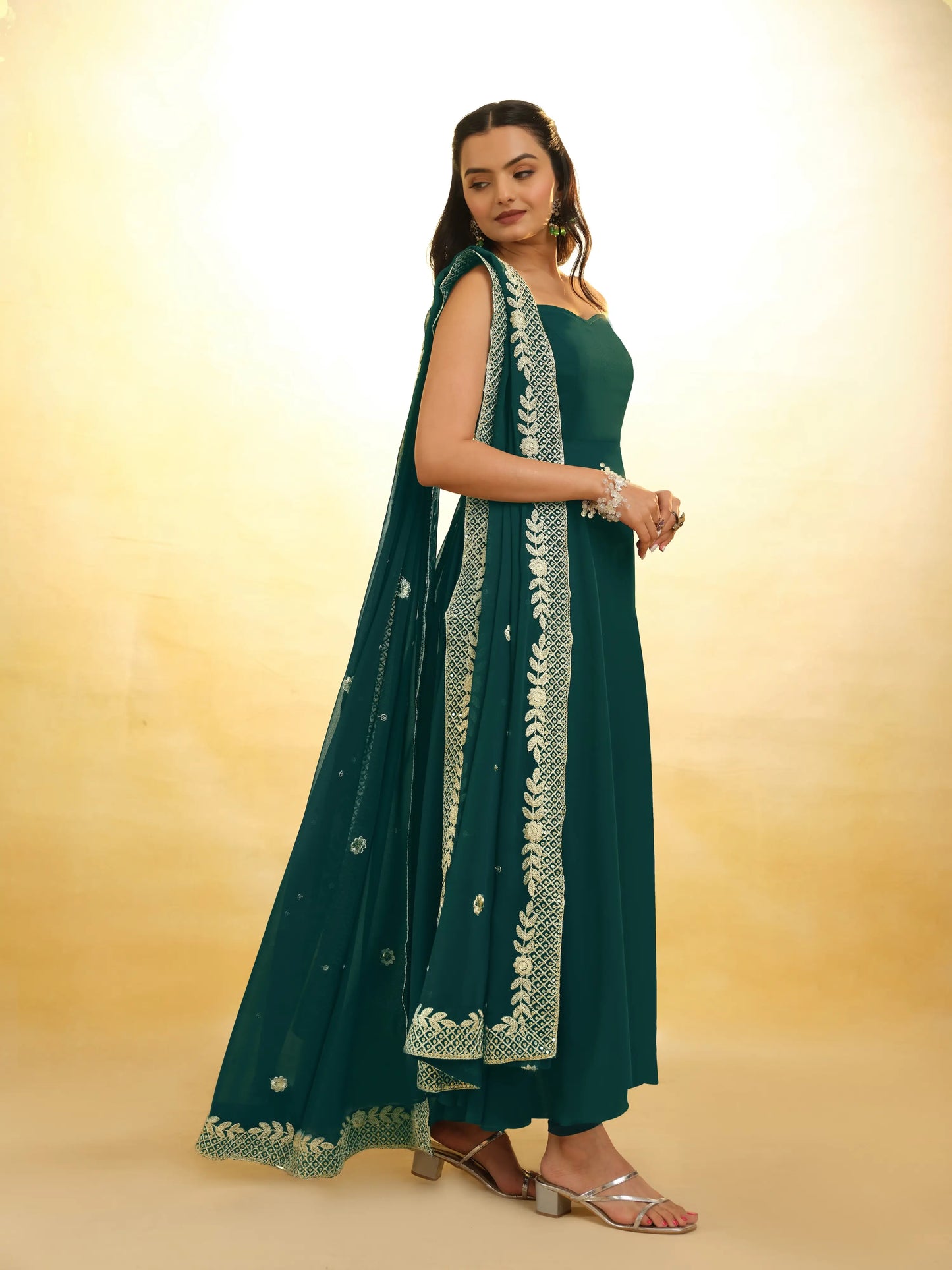 Green georgette maxi dress with embroidery and versatile dupatta