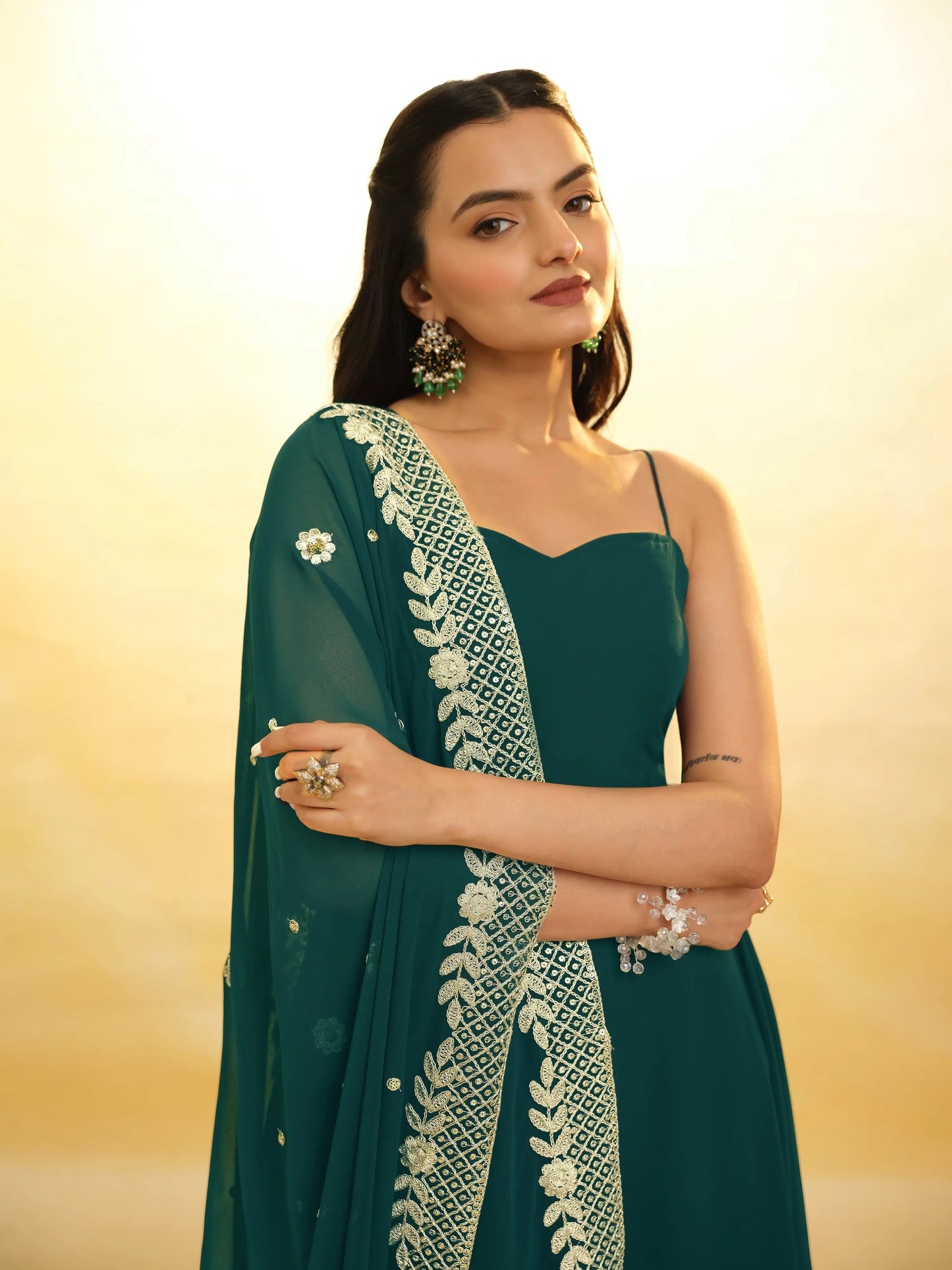 Green georgette maxi dress with embroidery and versatile dupatta