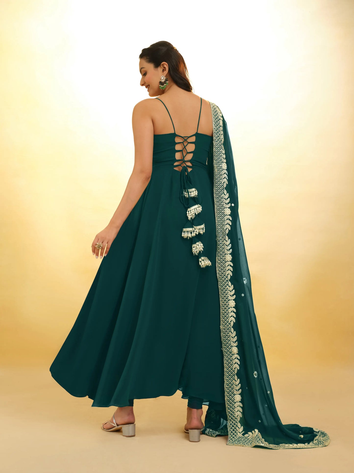 Green georgette maxi dress with embroidery and versatile dupatta