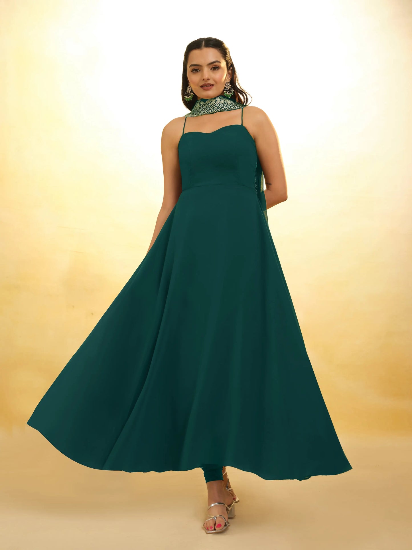 Green georgette maxi dress with embroidery and versatile dupatta