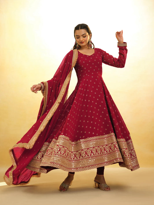 Salwar Suit en Georgette Rouge avec Dupatta traditionnel
