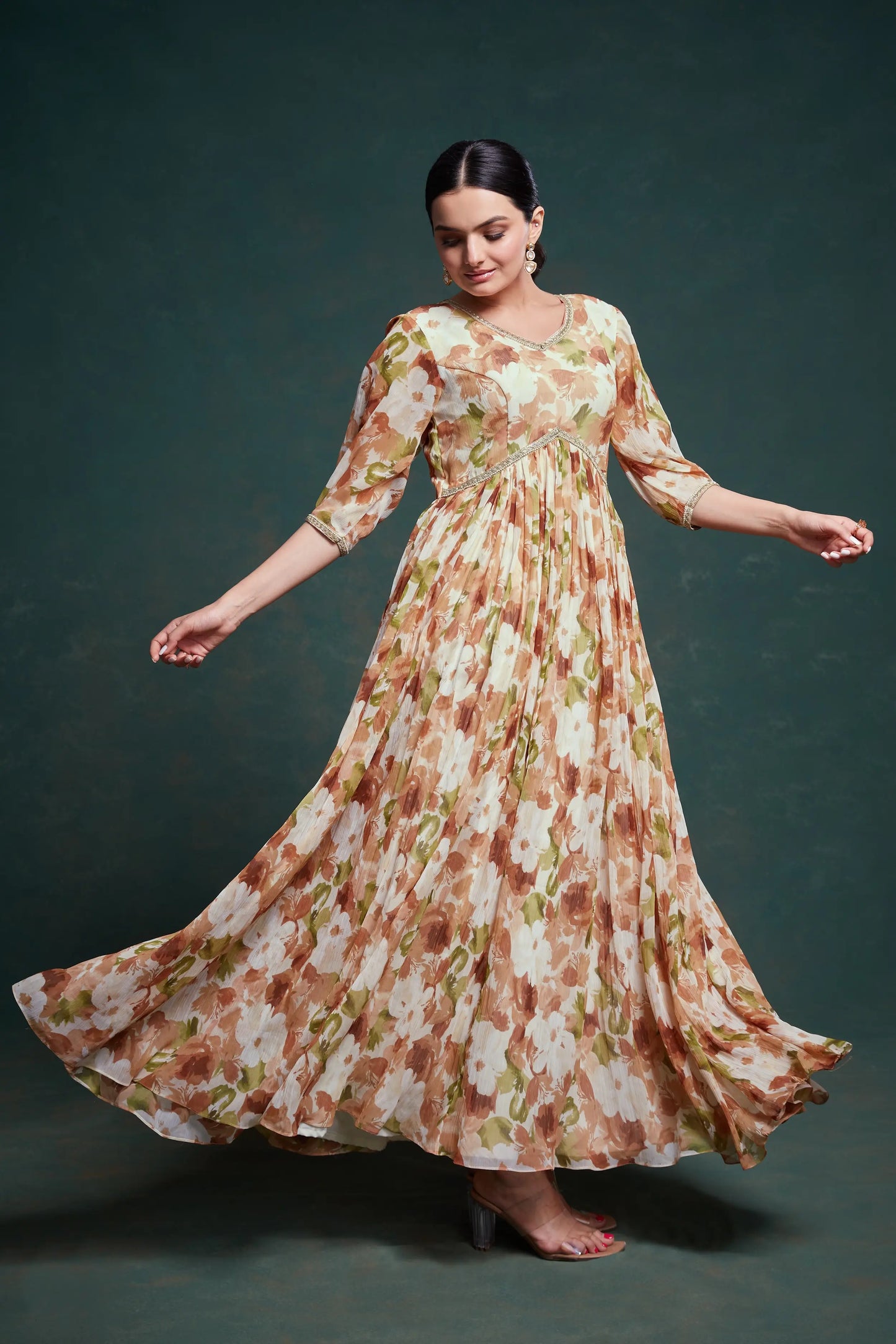 Traditional georgette multi-colored beige printed long dress