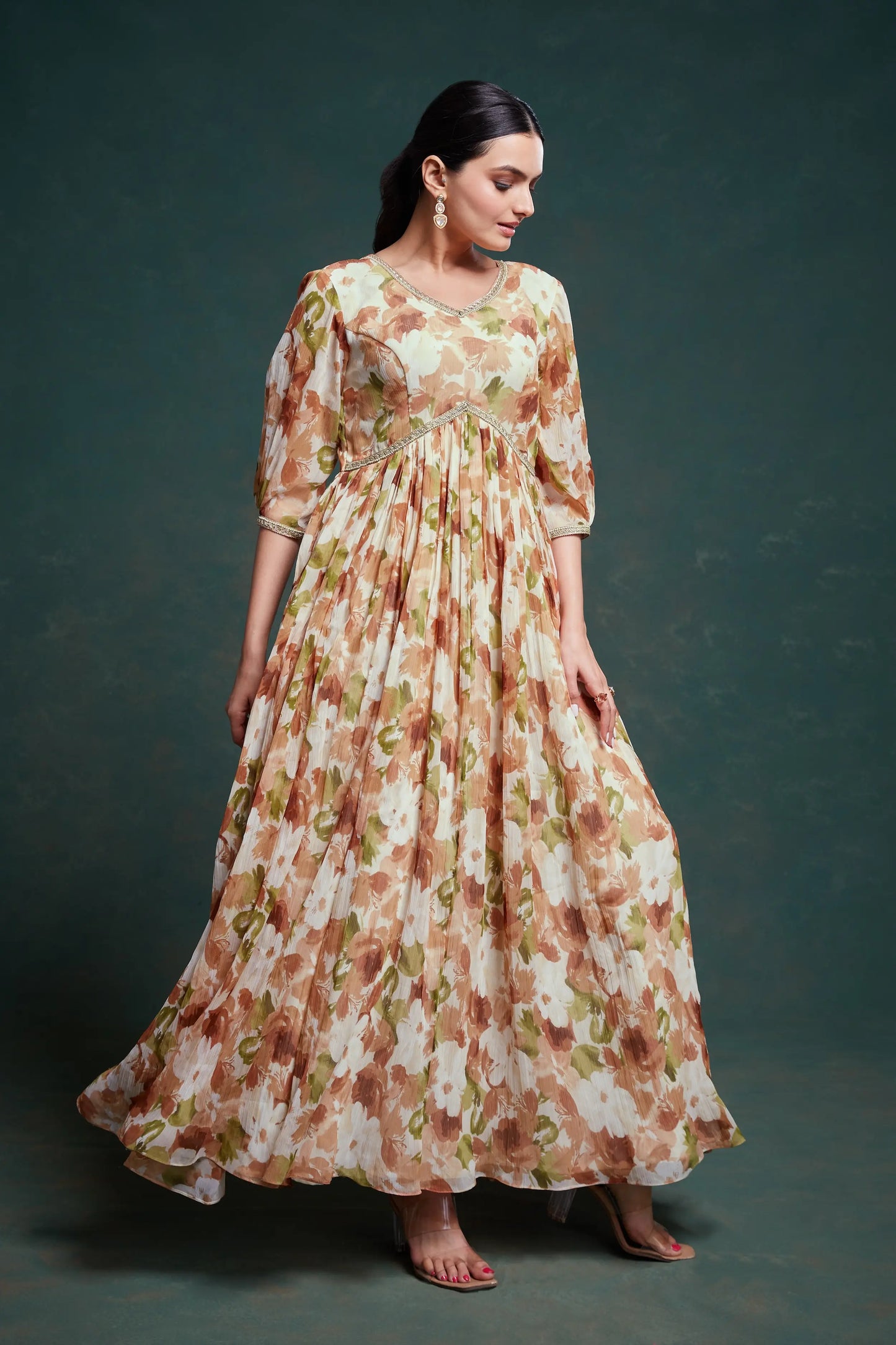 Traditional georgette multi-colored beige printed long dress