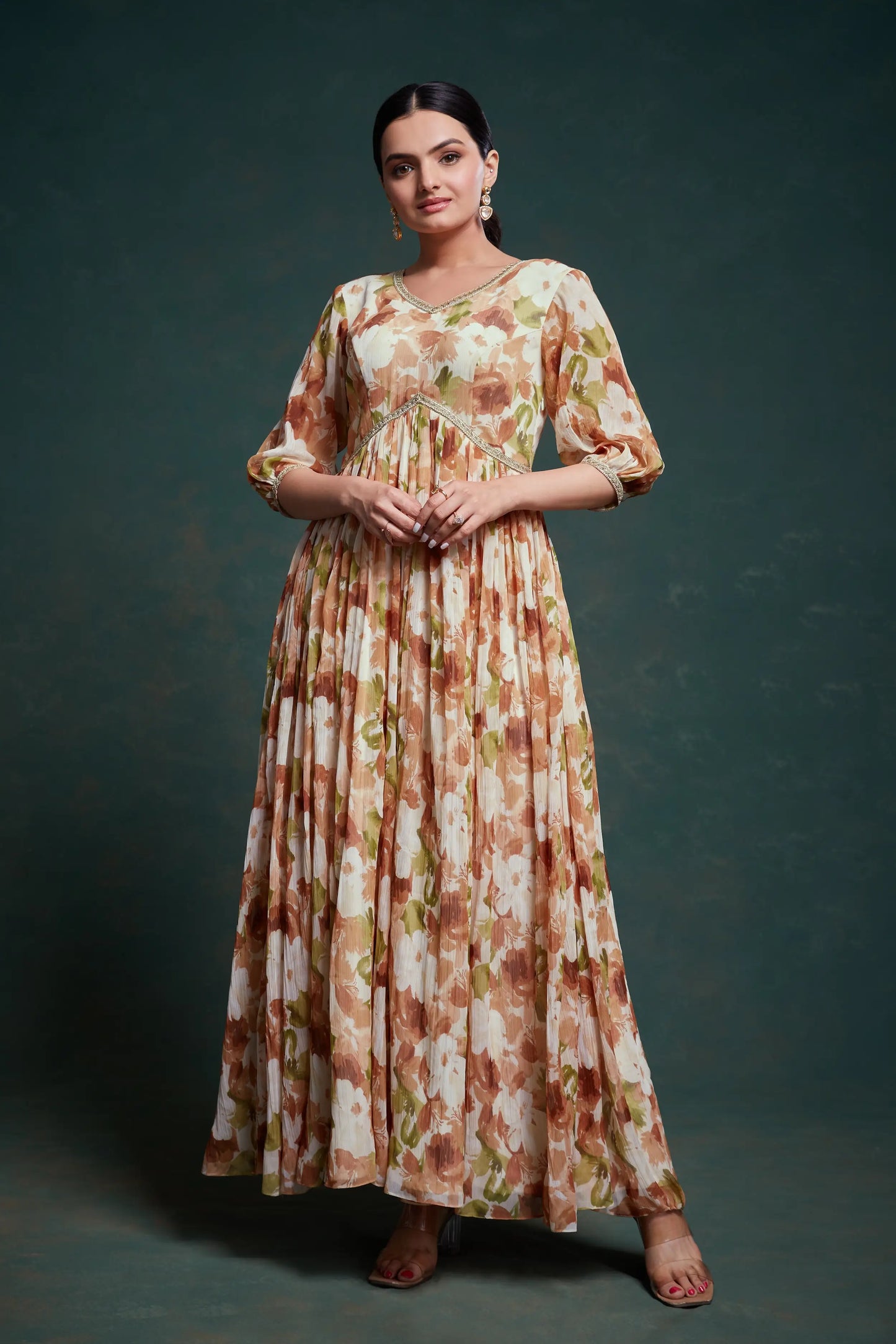 Traditional georgette multi-colored beige printed long dress