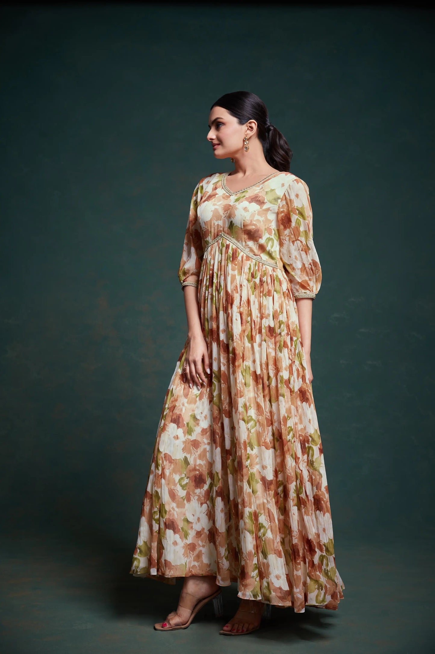 Traditional georgette multi-colored beige printed long dress