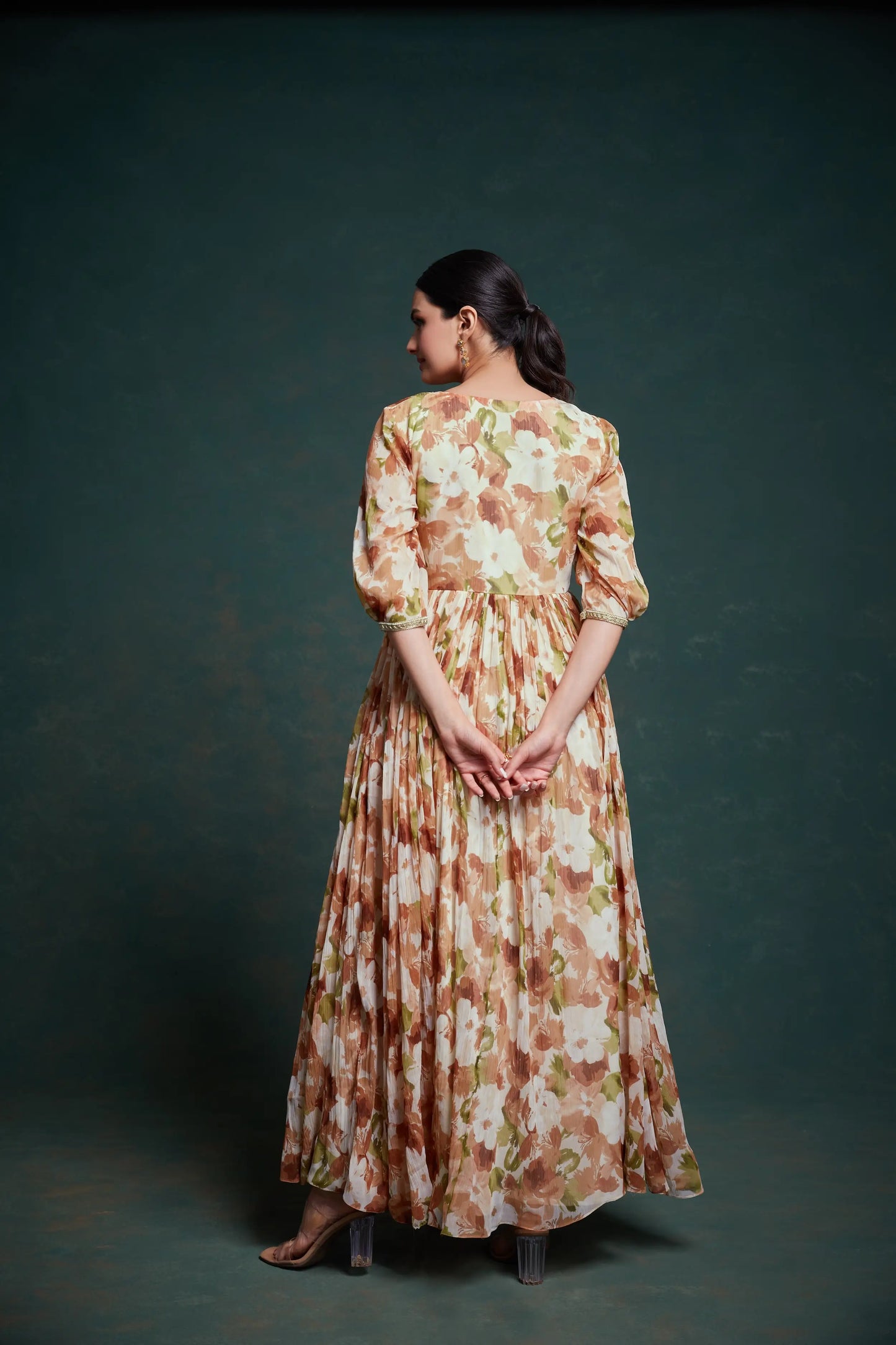 Traditional georgette multi-colored beige printed long dress