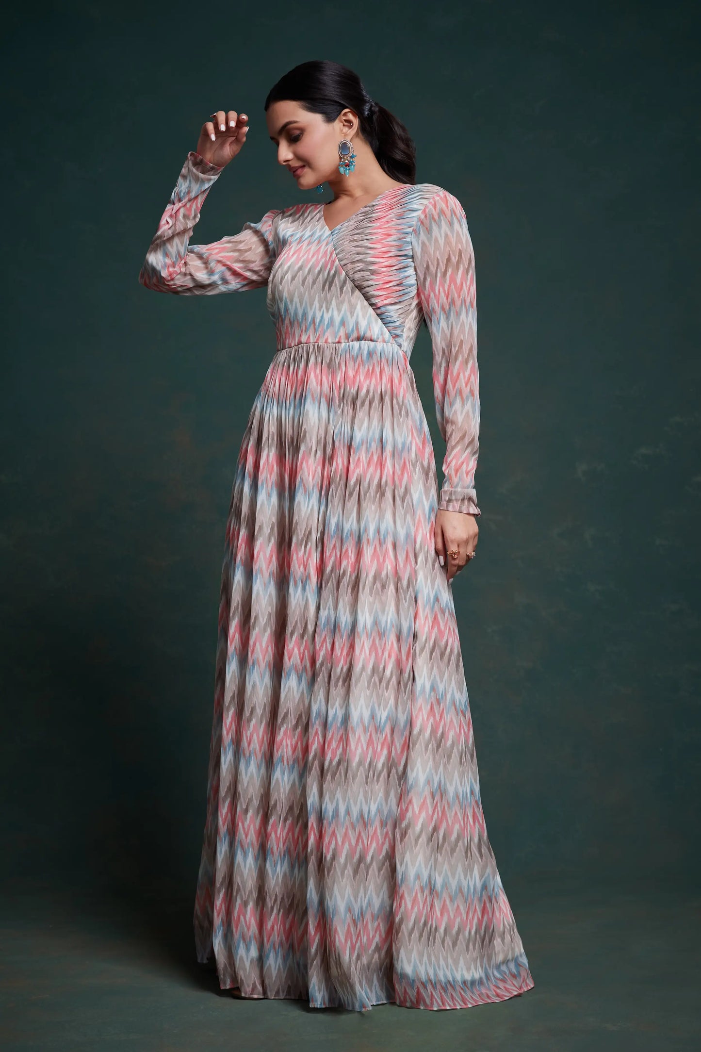 Pink and gray printed georgette long dress