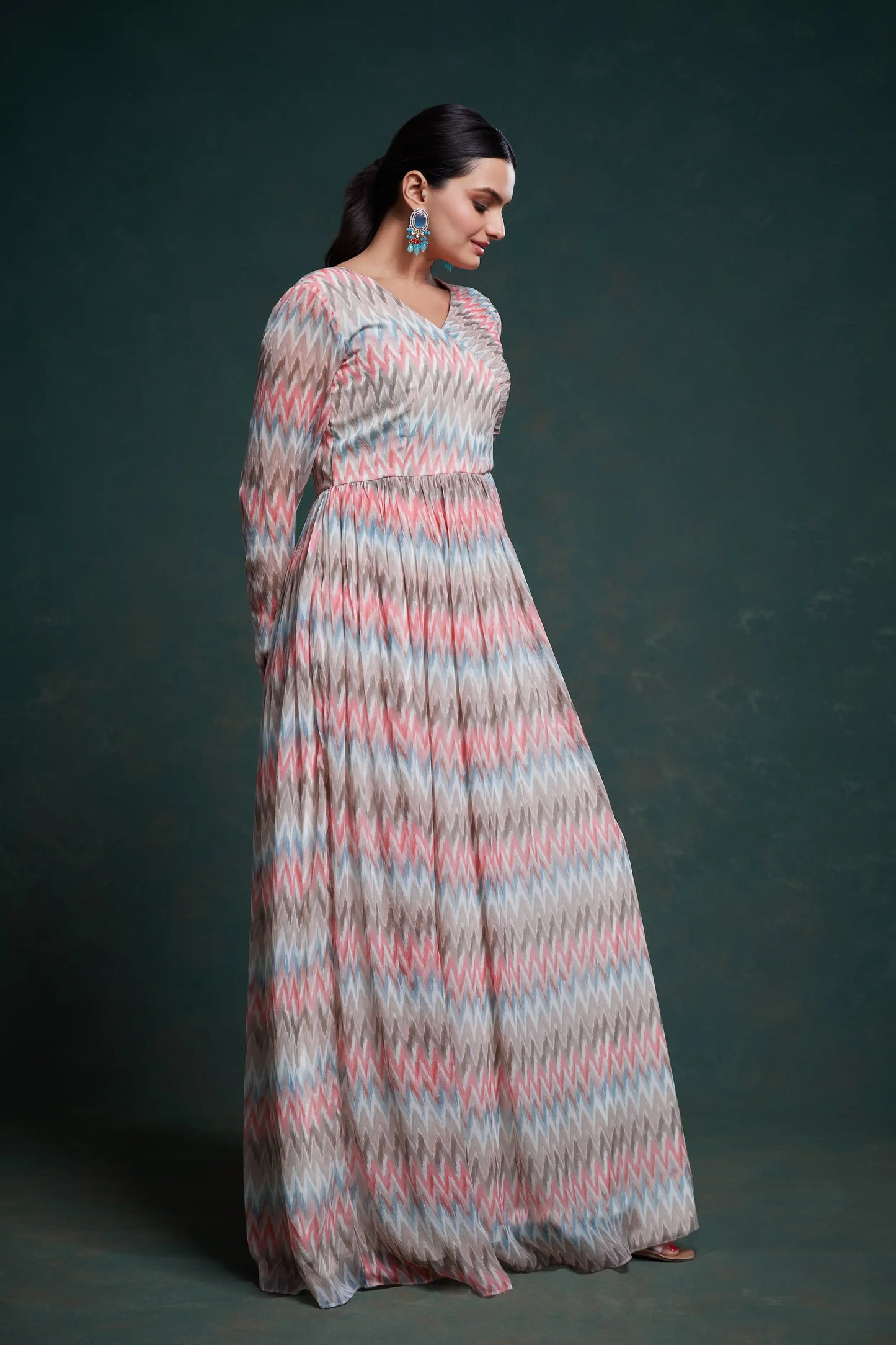Pink and gray printed georgette long dress