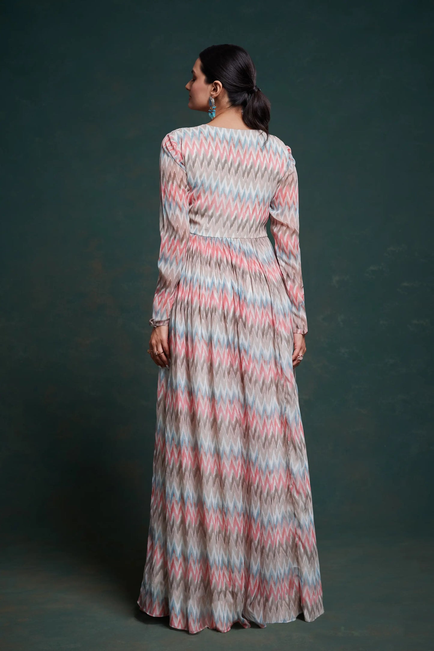 Pink and gray printed georgette long dress