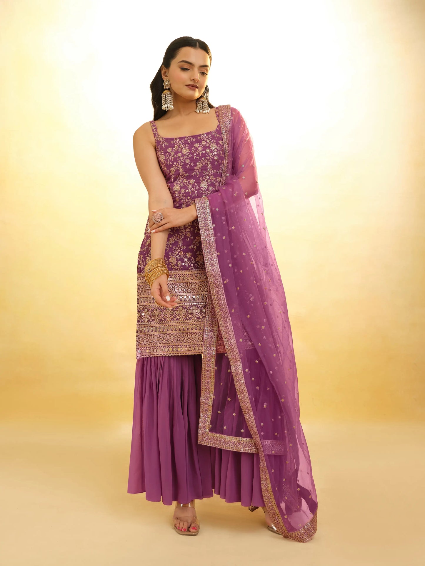 Salwar Suit en Georgette Violet Lavande avec Dupatta