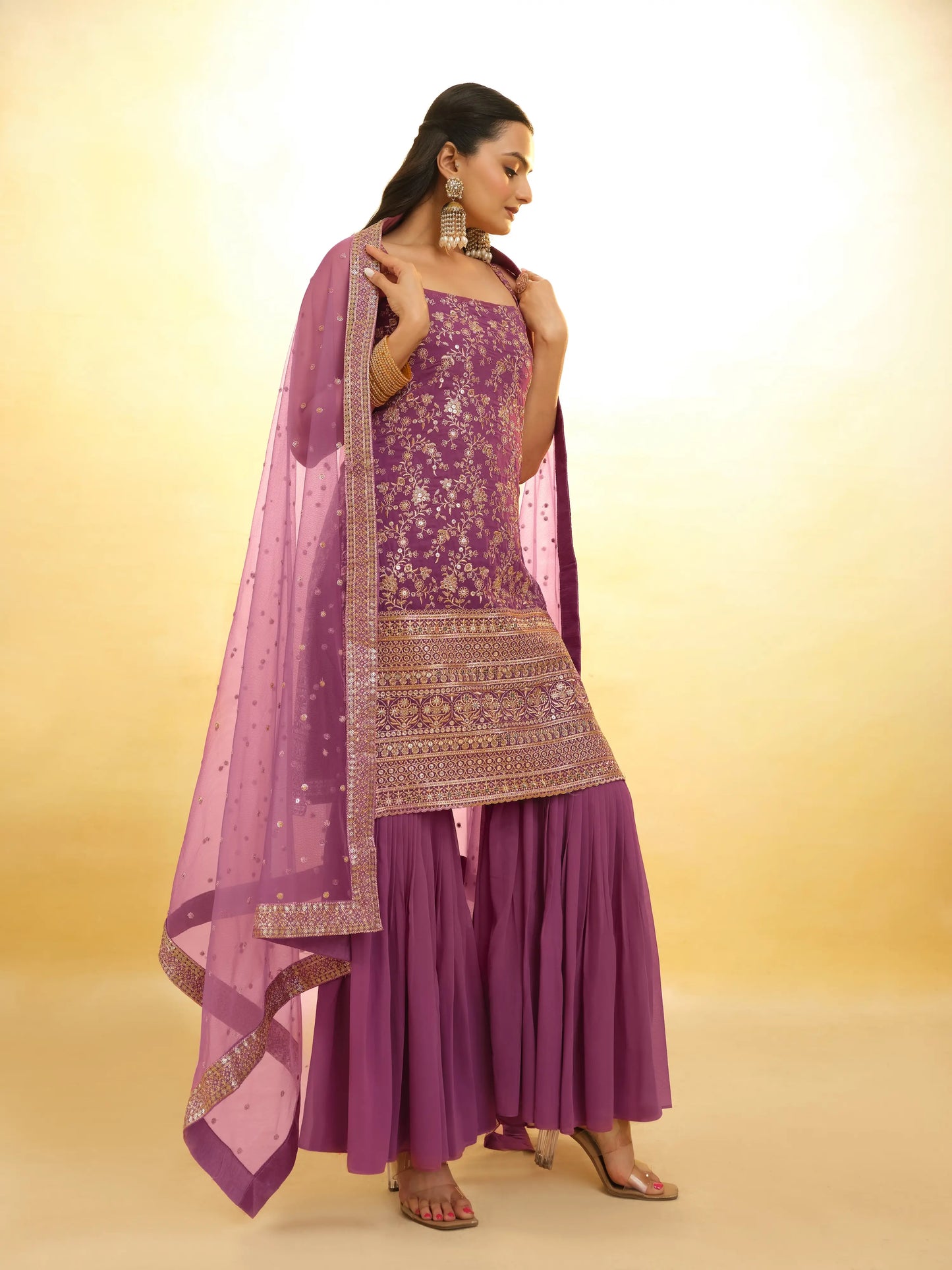 Salwar Suit en Georgette Violet Lavande avec Dupatta