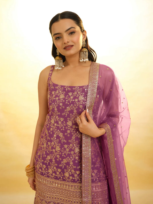 Salwar Suit en Georgette Violet Lavande avec Dupatta