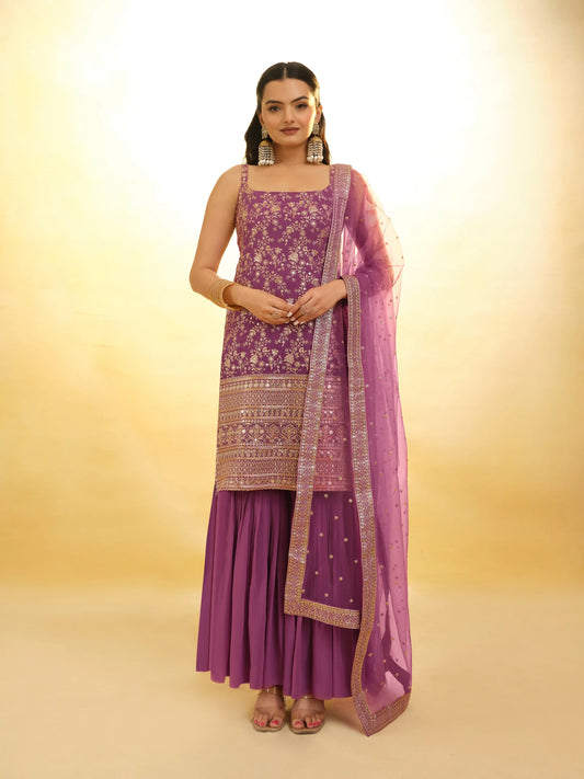 Salwar Suit en Georgette Violet Lavande avec Dupatta