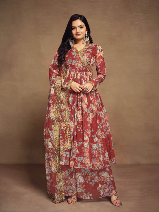 Ensemble Salwar Suit imprimé en chiffon rouge cerise avec dupatta