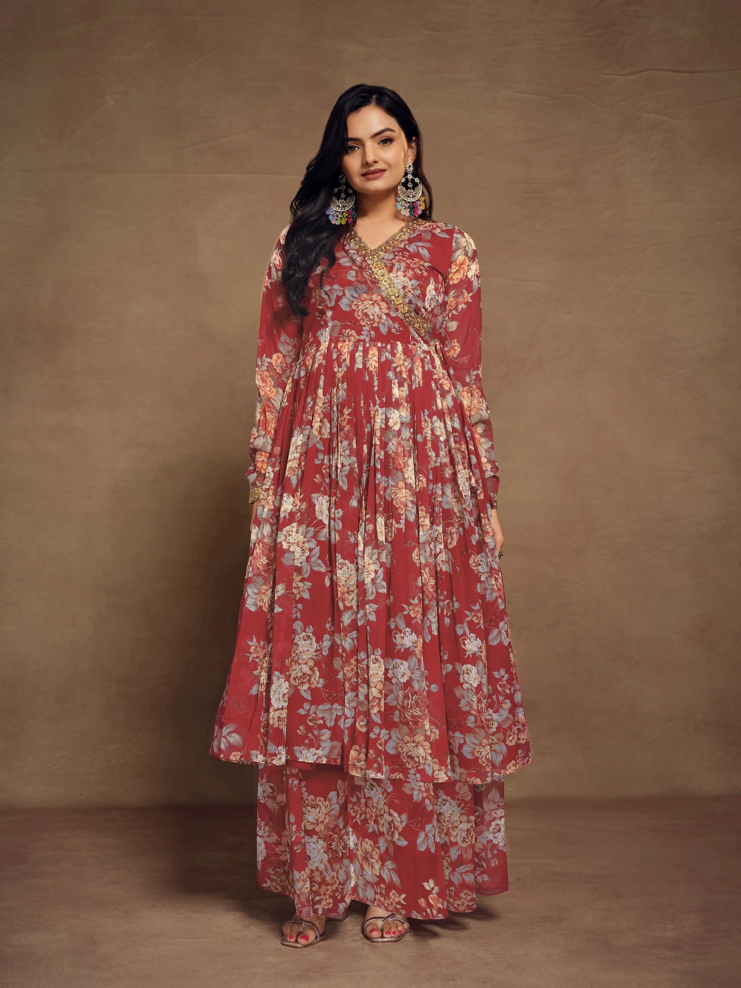 Ensemble Salwar Suit imprimé en chiffon rouge cerise avec dupatta