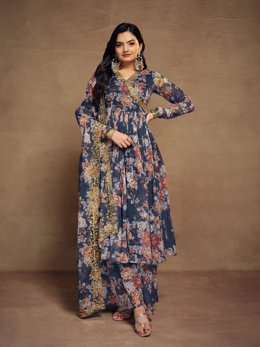 Ensemble Salwar Suit imprimé en chiffon bleu marine avec dupatta