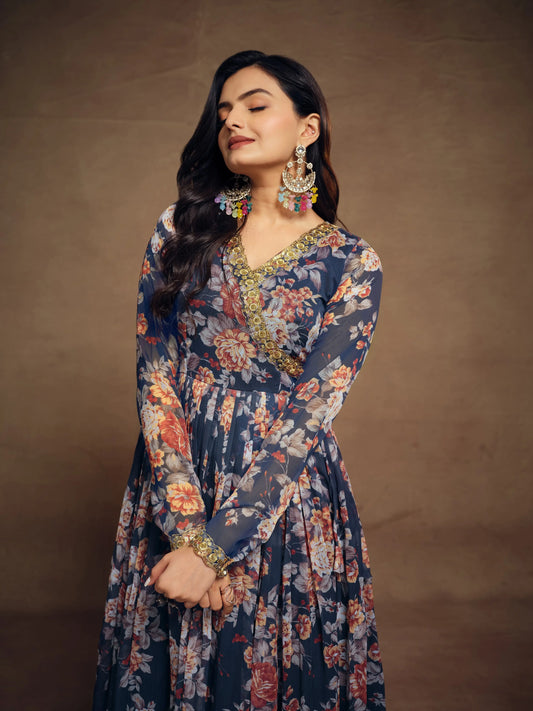 Ensemble Salwar Suit imprimé en chiffon bleu marine avec dupatta