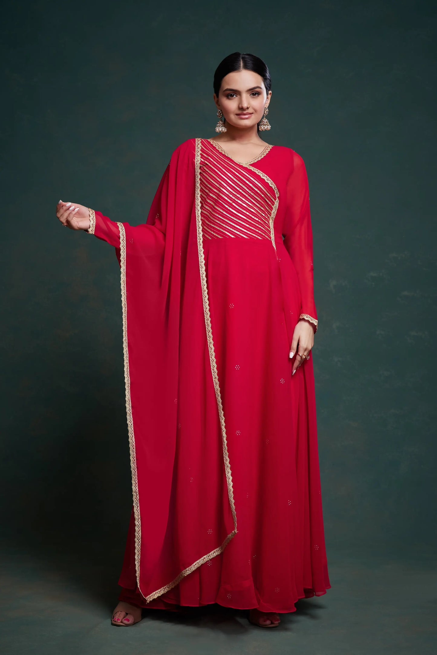 Solid red georgette maxi dress with traditional dupatta