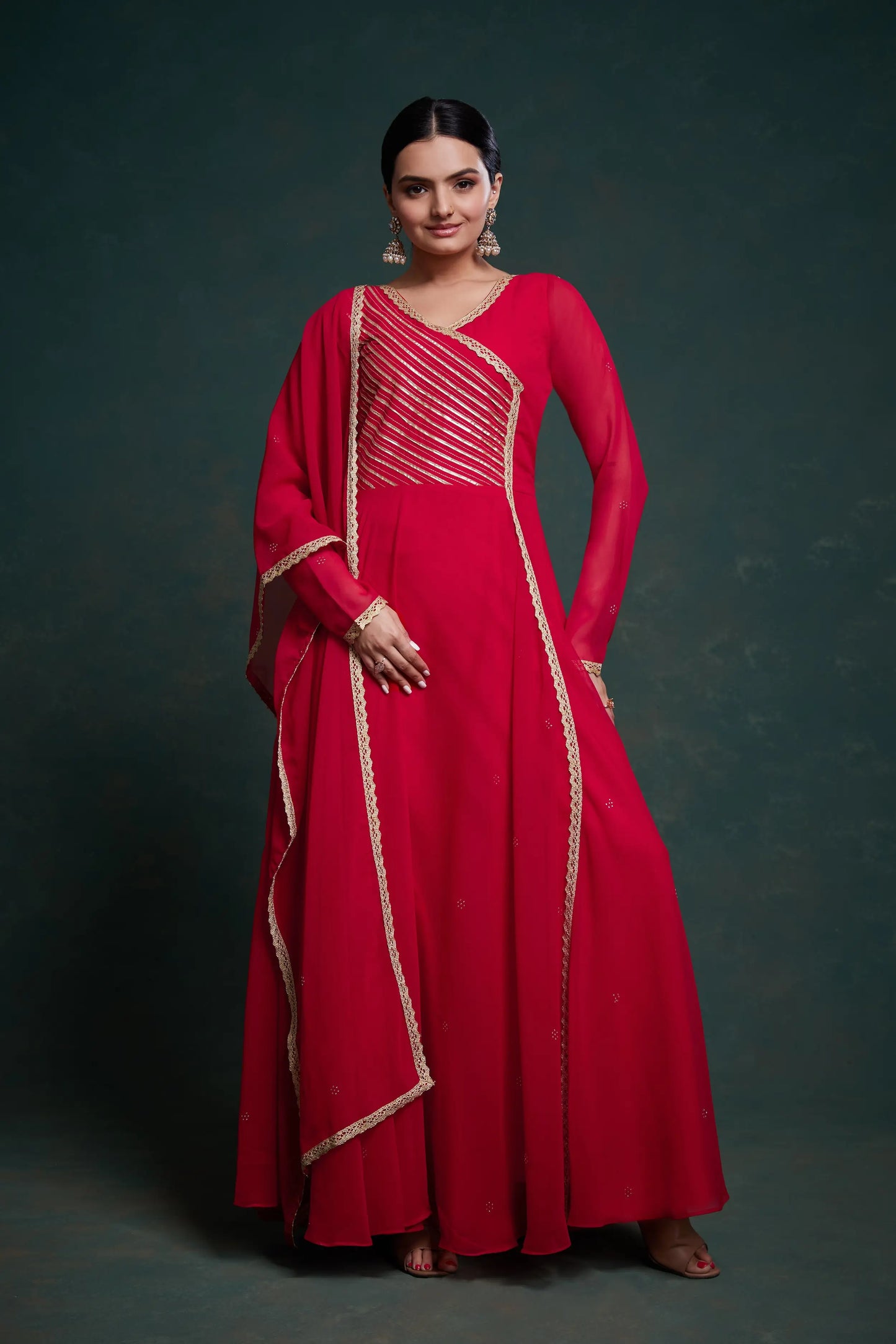 Solid red georgette maxi dress with traditional dupatta
