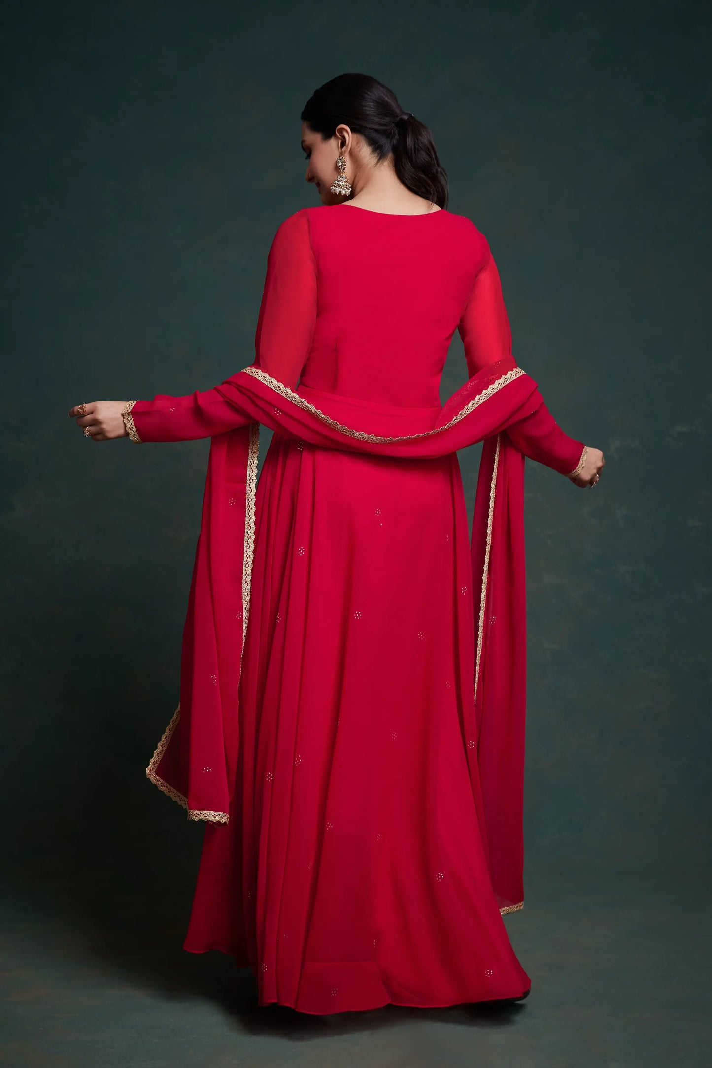 Solid red georgette maxi dress with traditional dupatta